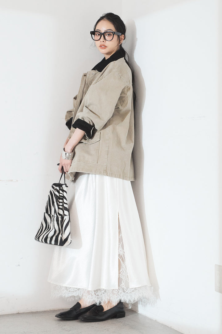 [SET]襟コーデュロイデザインデニム調カバーオール+裾レースデザインサテンスカート(2set)