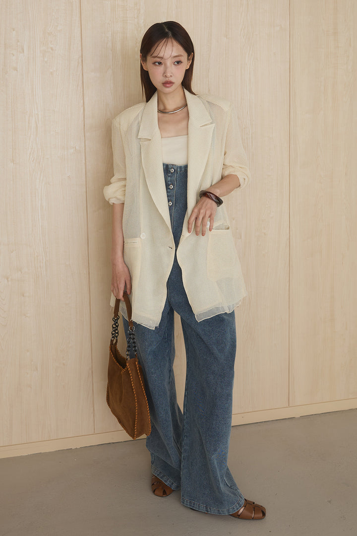 [SET]メッシュテーラードワイドジャケット+フロントボタンデニムサロペット(2set)