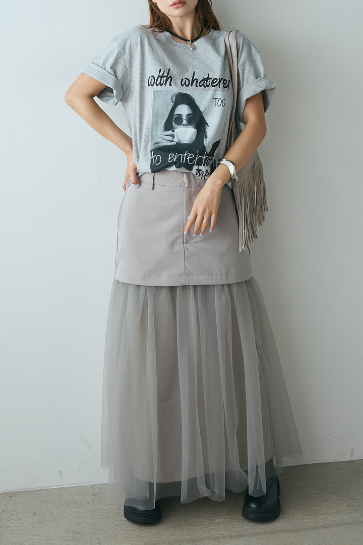 [SET]モノトーンフォトプリントTシャツ+切り替えデザインボリュームチュールスカート(2set)