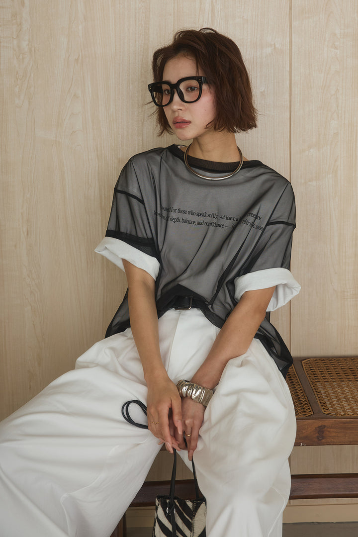 [SET]綿天竺Tシャツ×チュールトップス+ベルト付きビックループワイドパンツ(2set)