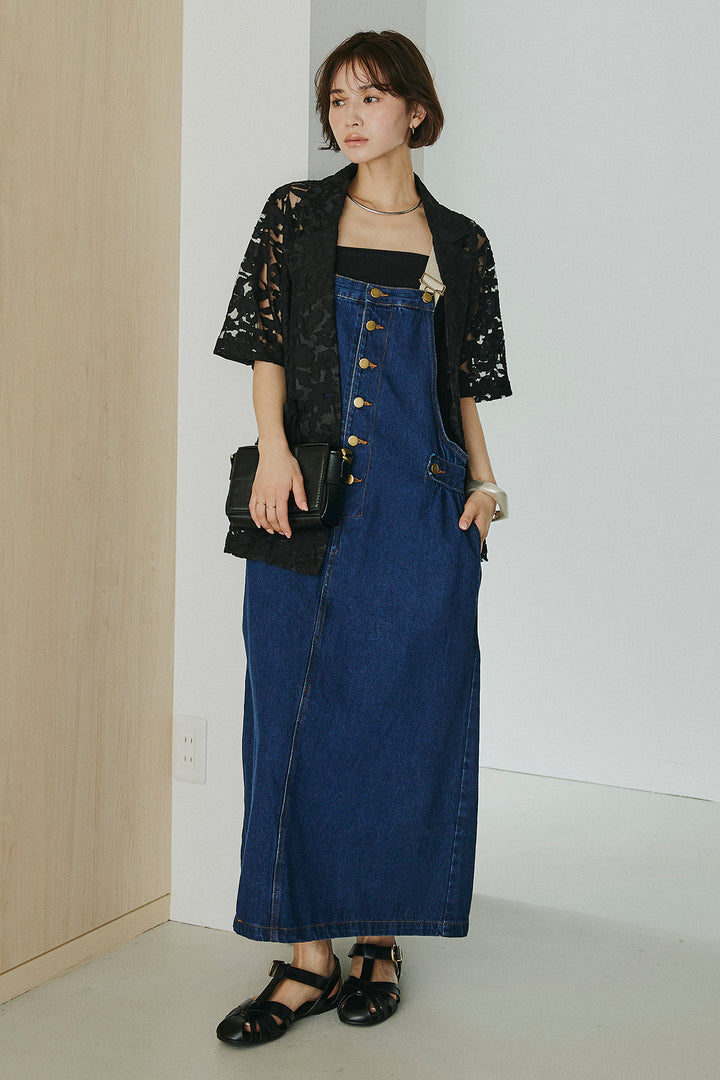 [SET]シアージャガードハーフスリーブテーラードジャケット+配色ショルダーデニムサロペットスカート(2set)