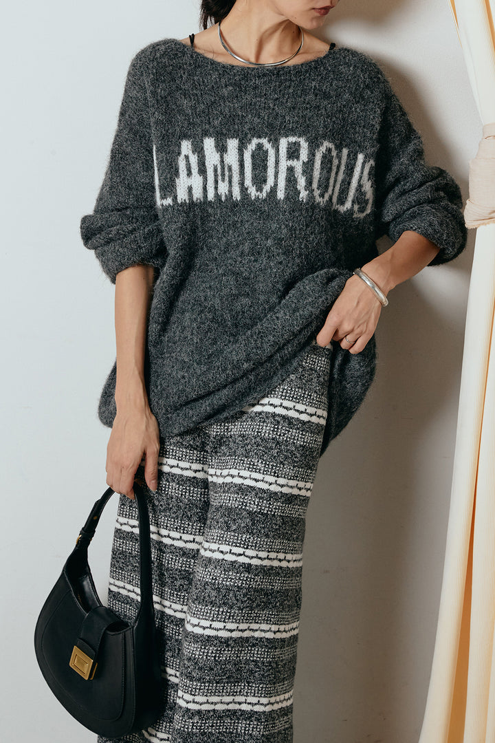 [SET]フロントロゴデザインニットトップス+マルチライン柄リラックスニットパンツ(2set)