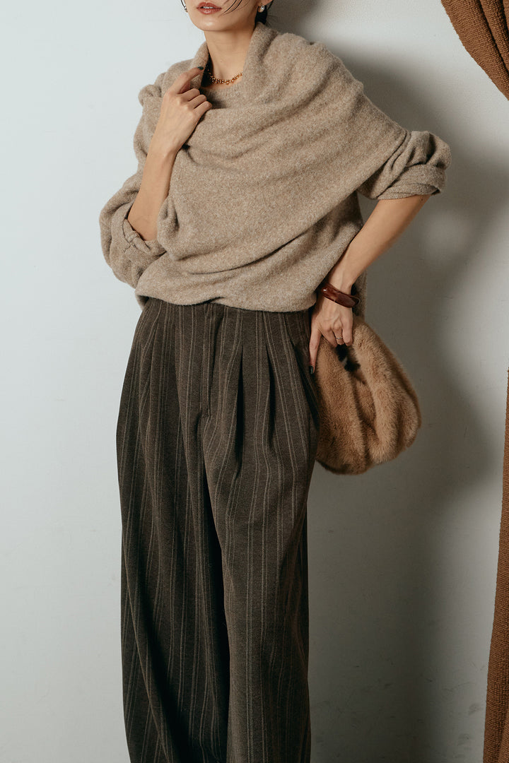 [SET]ネック巻きデザインニットトップス+タック入りマルチストライプ柄ワイドパンツ(2set)