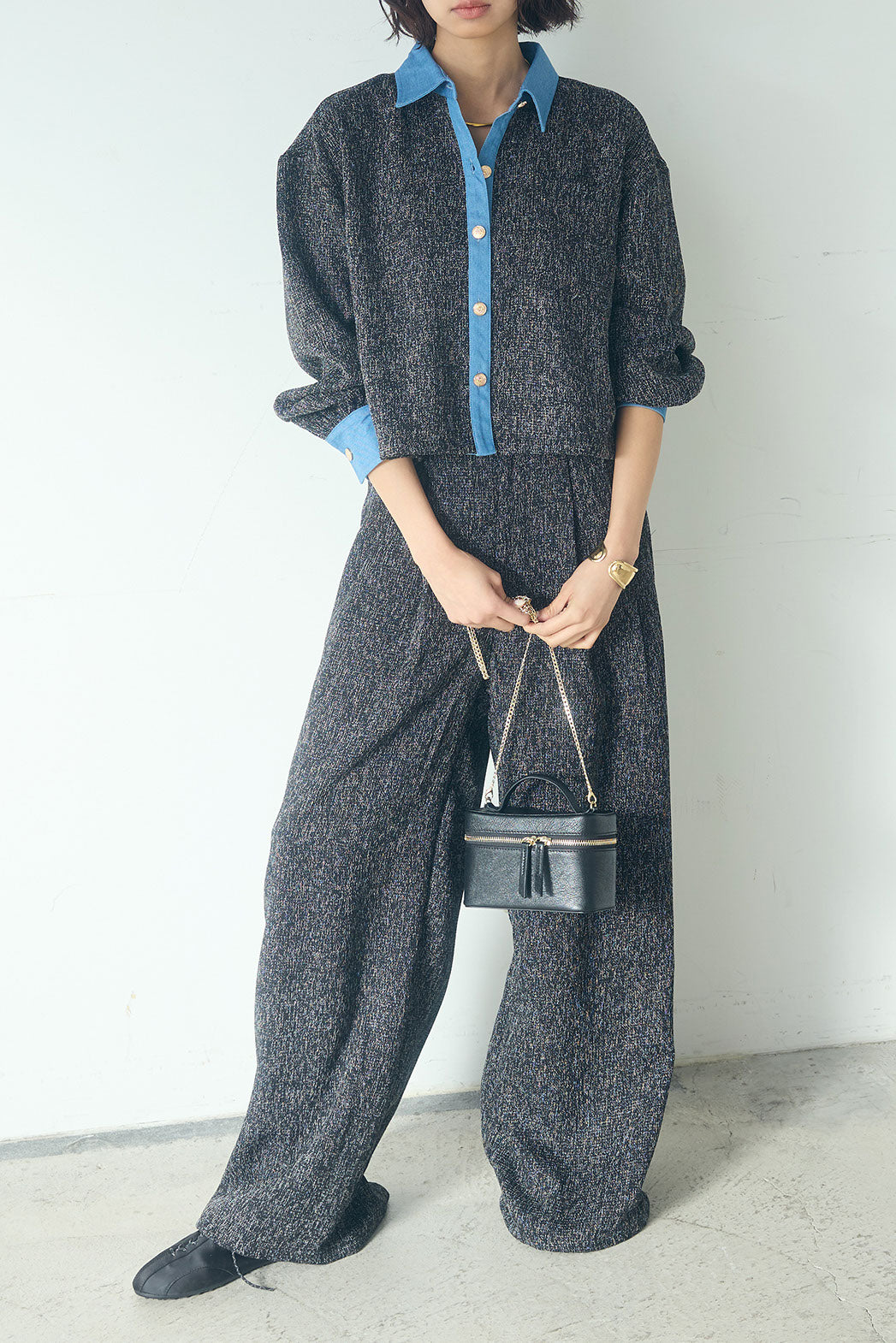 [SET]ツイード×デニムショート丈シャツ+ツイード×デニムハイウエストラインロングパンツ(2set)