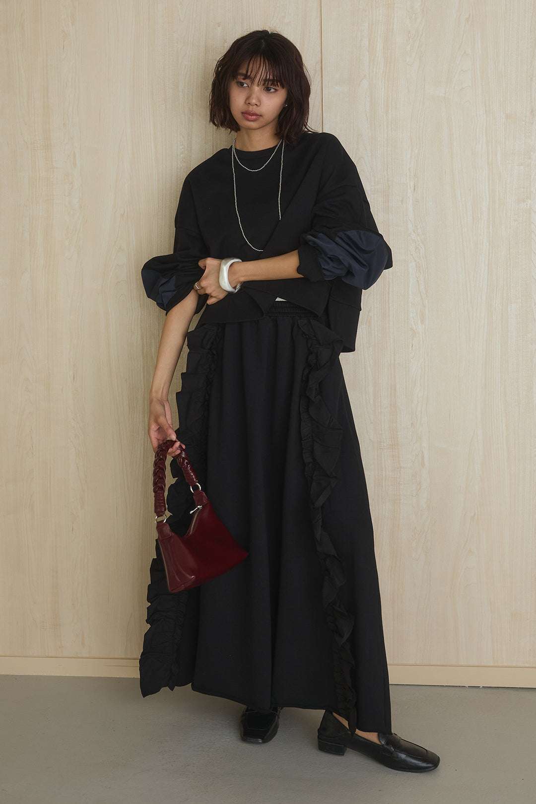 [SET]アームパッチスウェットプルオーバー+ビッグフリルスウェットロングスカート(2set)