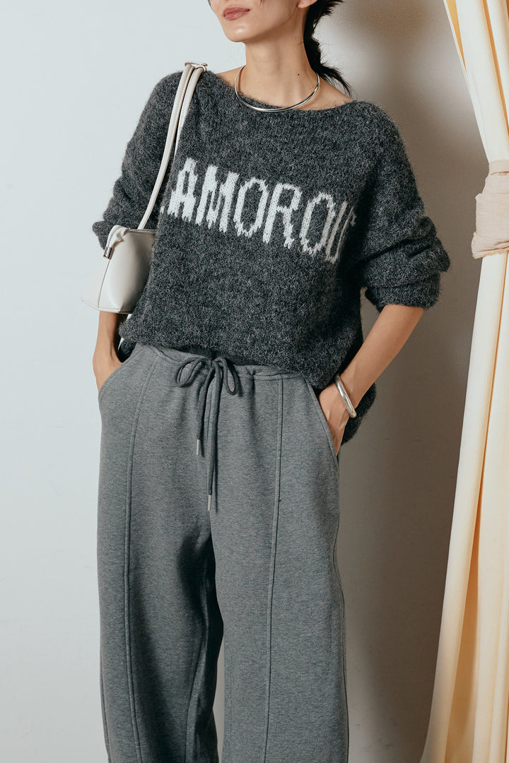[SET]フロントロゴデザインニットトップス+スウェットワイドカーブパンツ(2set)