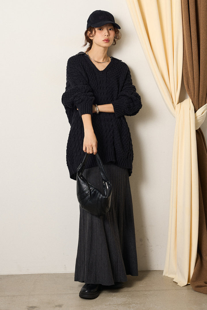 [SET]デニムカラーケーブルオーバーニット+編み地切り替えフレアニットスカート(2set)