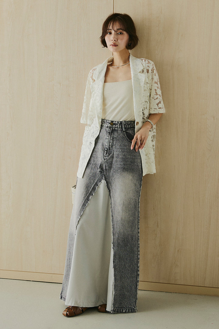 [SET]シアージャガードハーフスリーブテーラードジャケット+サテン切り替えデニムスカート(2set)