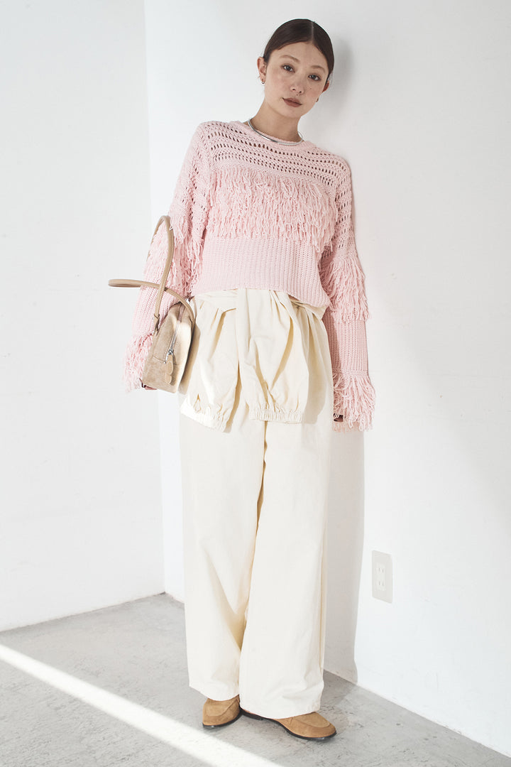 [SET]メッシュフリンジ切り替えプルオーバー+合繊ツイルスタンドウエスト巻きジョガーパンツ(2set)