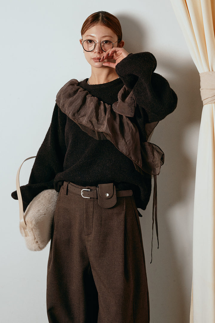 [SET]アシンメトリーフリルニットトップス+ポーチベルト付きカーブパンツ(2set)