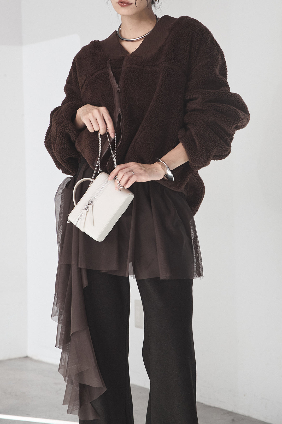 [SET]ノーカラーリブボアアウター+チュールレイヤードニットパンツ(2set)