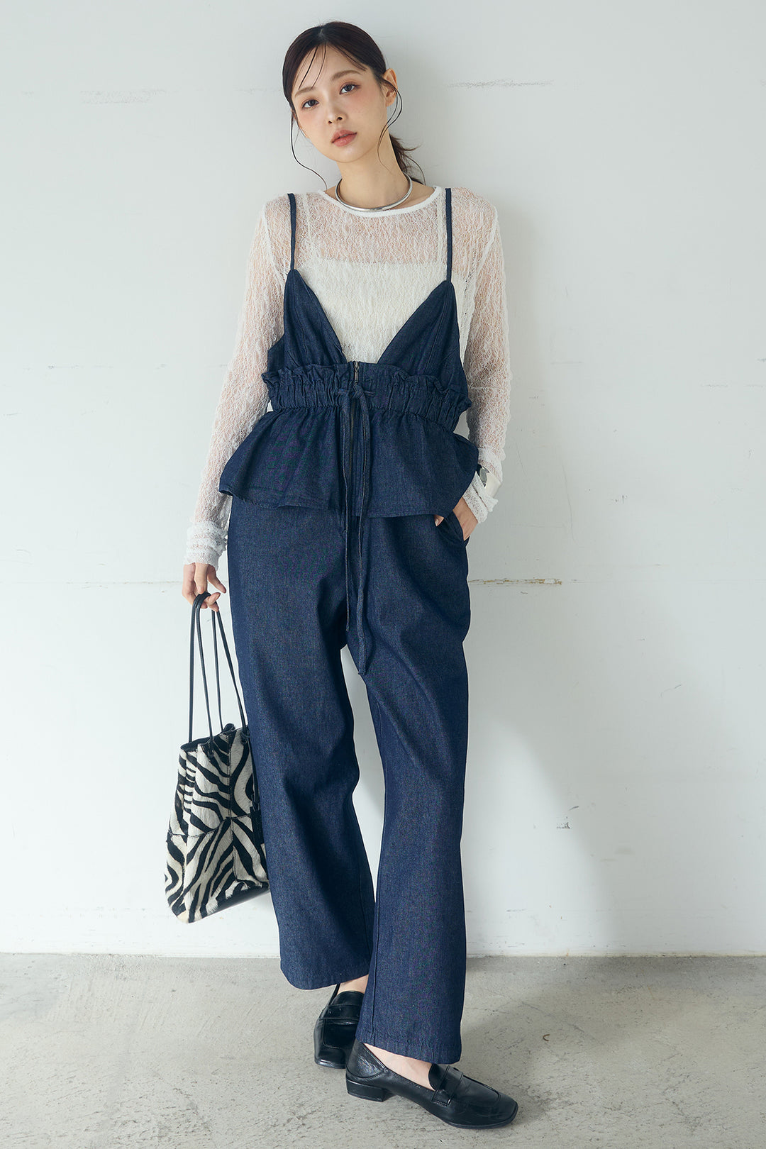 [SET]ストレッチレースクルーネックインナー+デニムペプラムコンビネゾン(2set)