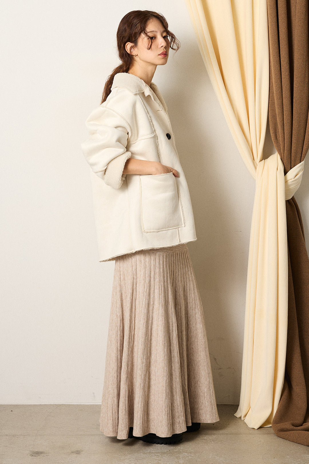 [SET]エコムートンカバーオール+編み地切り替えフレアニットスカート(2set)