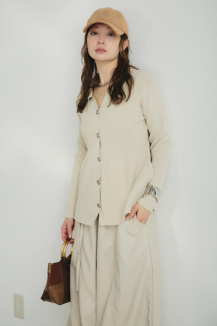 [SET]スキッパーペプラムニット+フェイクレザーカーブワイドパンツ(2set)