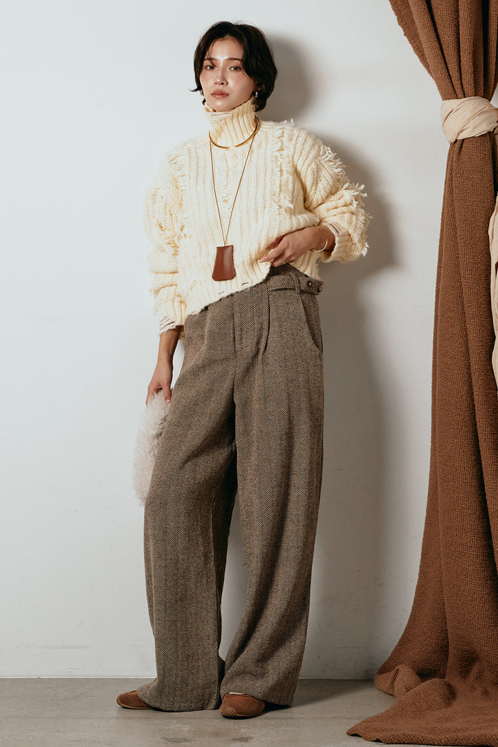 [SET]フリンジタートルショートニット+クラシックヘリンボーンサロペット(2set)