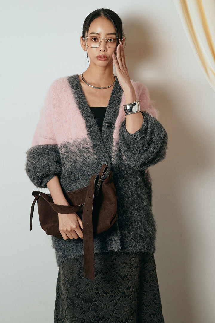 [SET]起毛グラデーションニットカーディガン+花柄刺繍ベロアフレアスカート(2set)