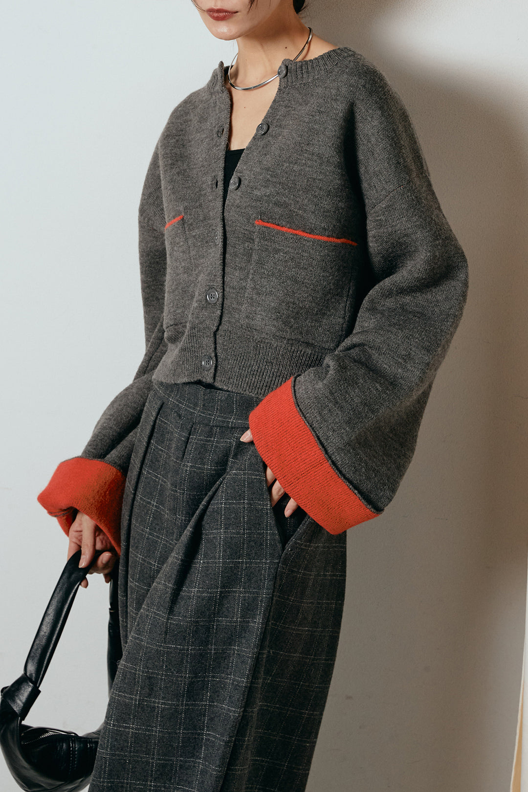 [SET]アルパカタッチダブルフェイスカーディガン+ウールライクチェックタックパンツ(2set)