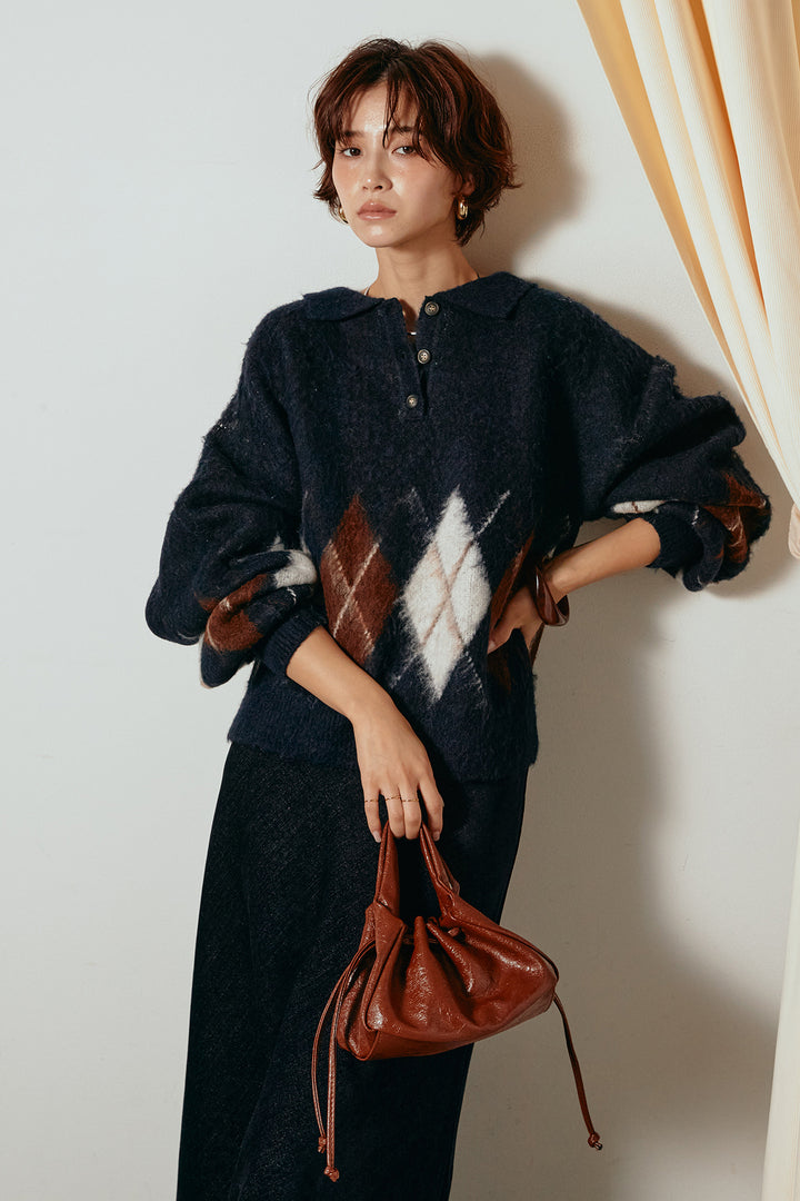 [SET]アーガイル柄ポロニットトップス+スウェードライクロングスカート(2set)