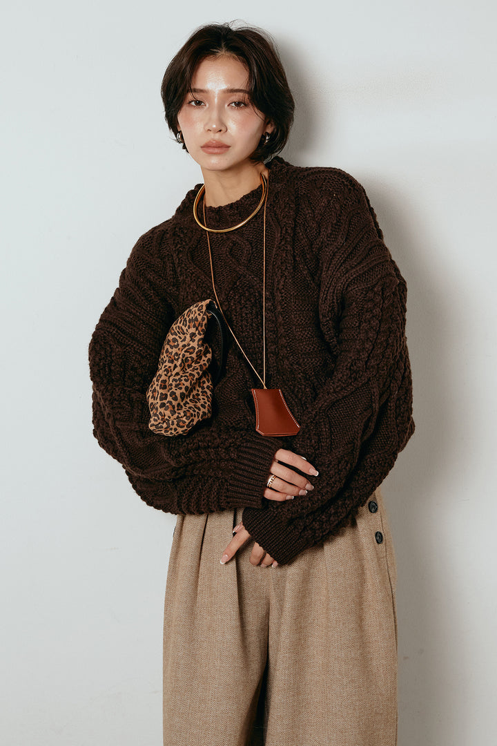 [SET]アラン柄ミックスケーブルニット+サイドボタンツイードタックパンツ(2set)