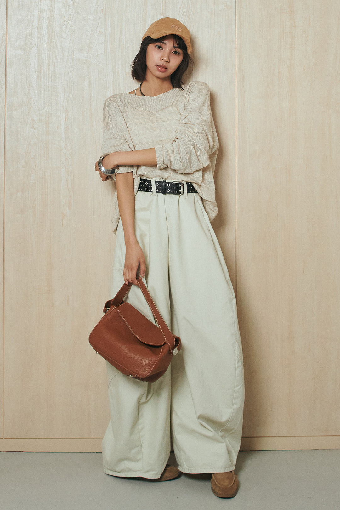 [SET]麻混リラックスニットトップス+ベルト付きカラーデニムパンツ(2set)