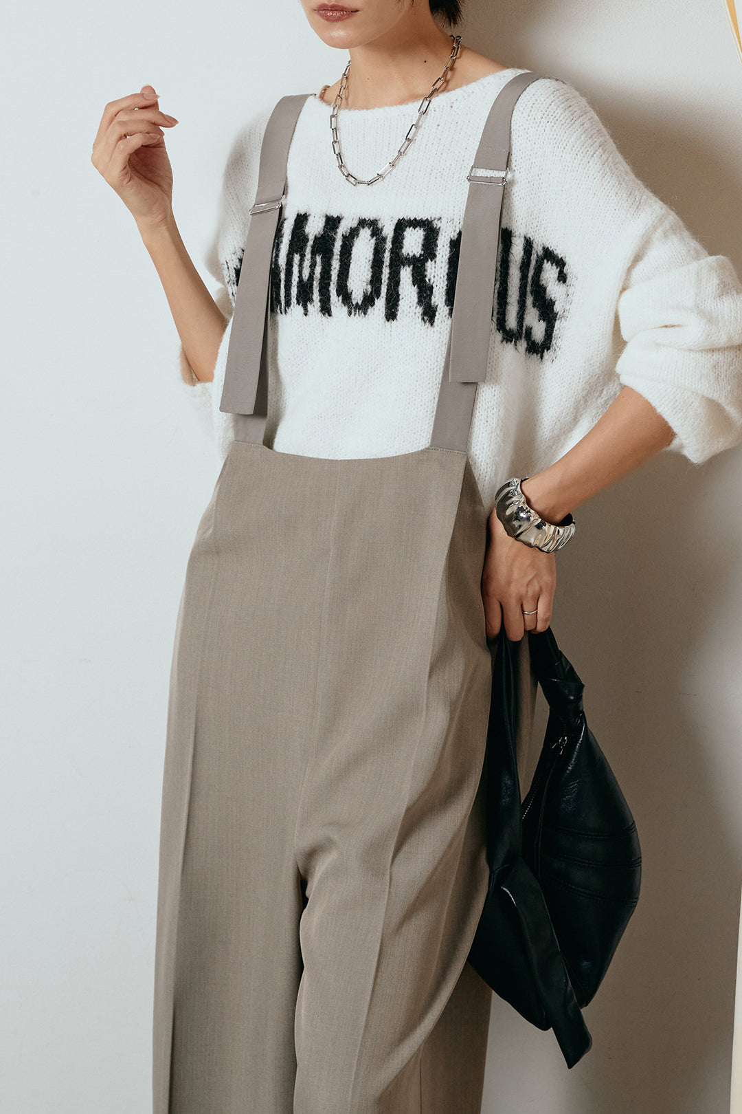 [SET]フロントロゴデザインニットトップス+ワイドツイルサロペット(2set)