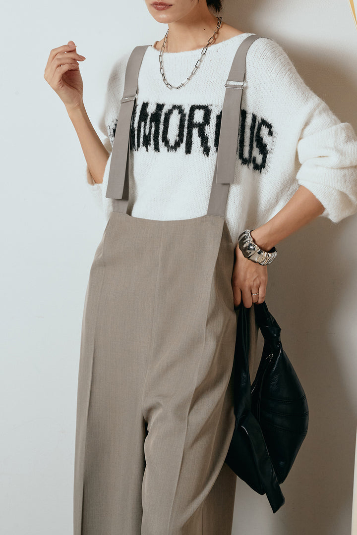 [SET]フロントロゴデザインニットトップス+ワイドツイルサロペット(2set)