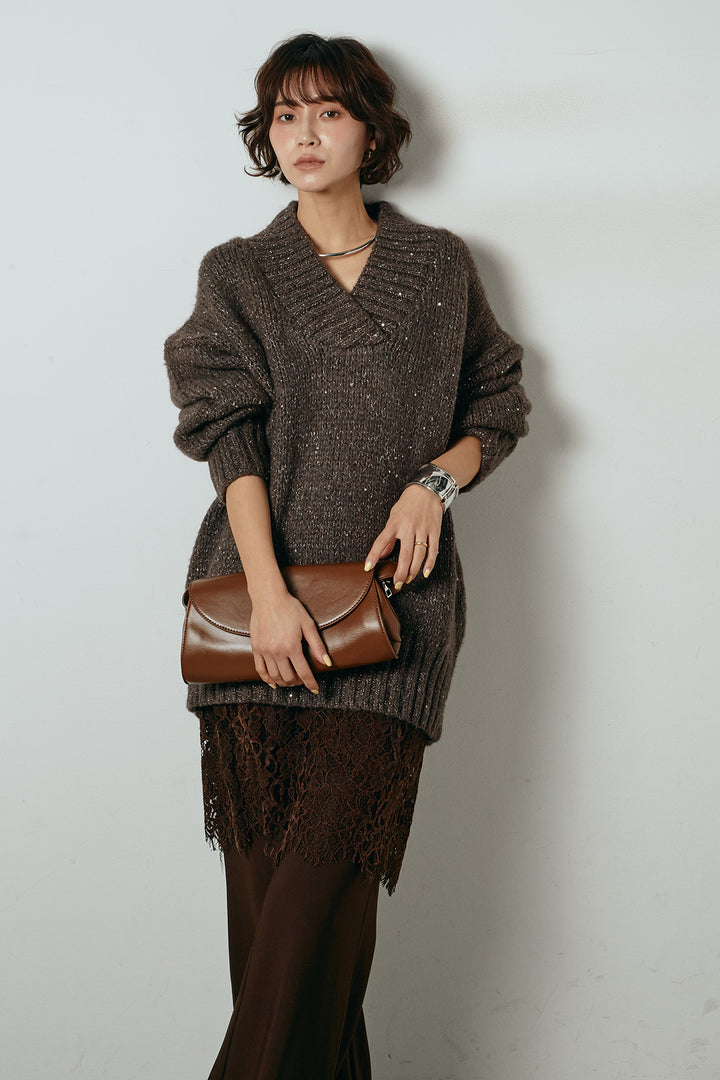 [SET]Vネックラメニットトップス+レース刺繍レイヤードフレアパンツ(2set)