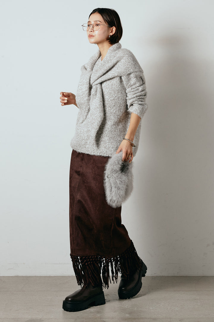 [SET]スカーフ付きミックスニットトップス+スウェードライク裾フリンジスカート(2set)