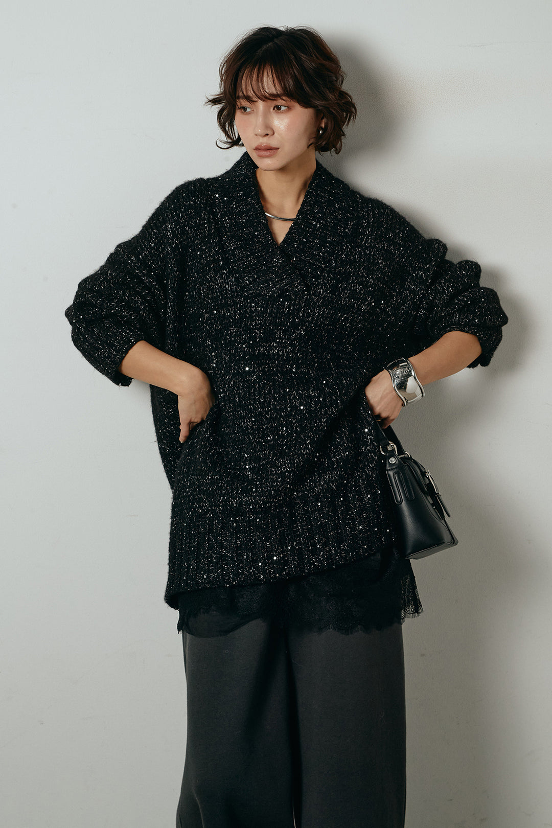 [SET]Vネックラメニットトップス+裏起毛スウェットワイドパンツ(2set)