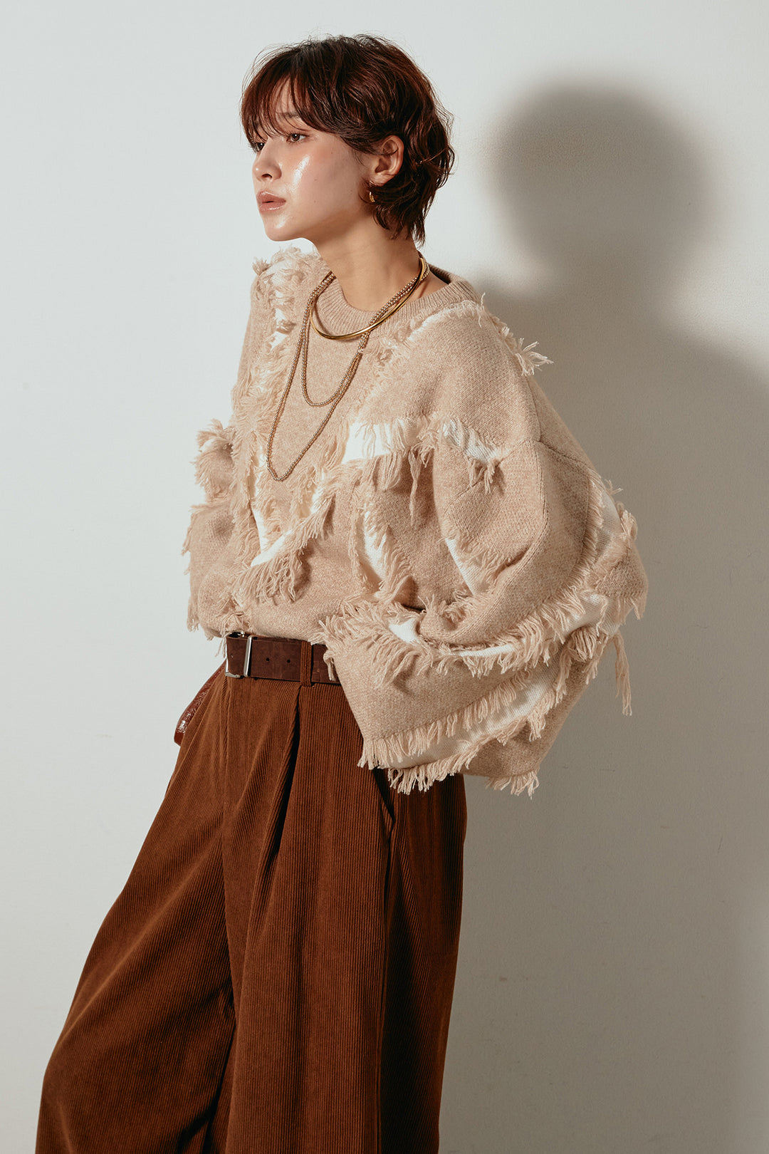 [SET]シャギージャガードニットトップス+太ベルト付きコーデュロイタックパンツ(2set)