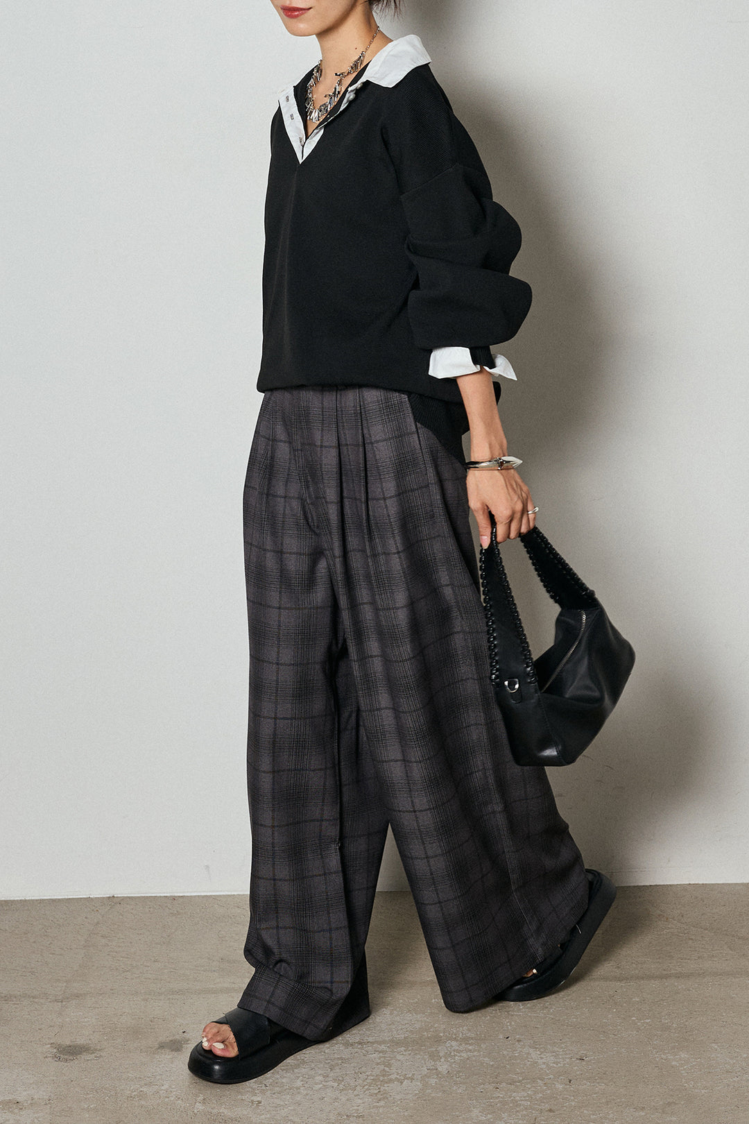 【即納】タック入りタータンチェックワイドパンツ