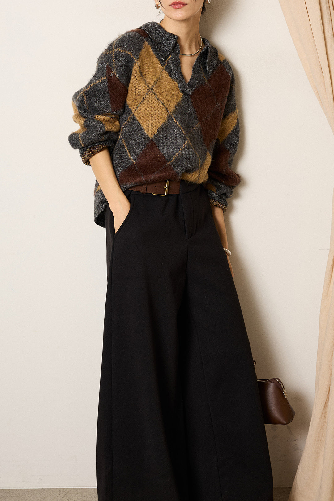 [SET]アクリルモヘアアーガイルキーネックプルオーバー+サイドベルトパンツ(2set)