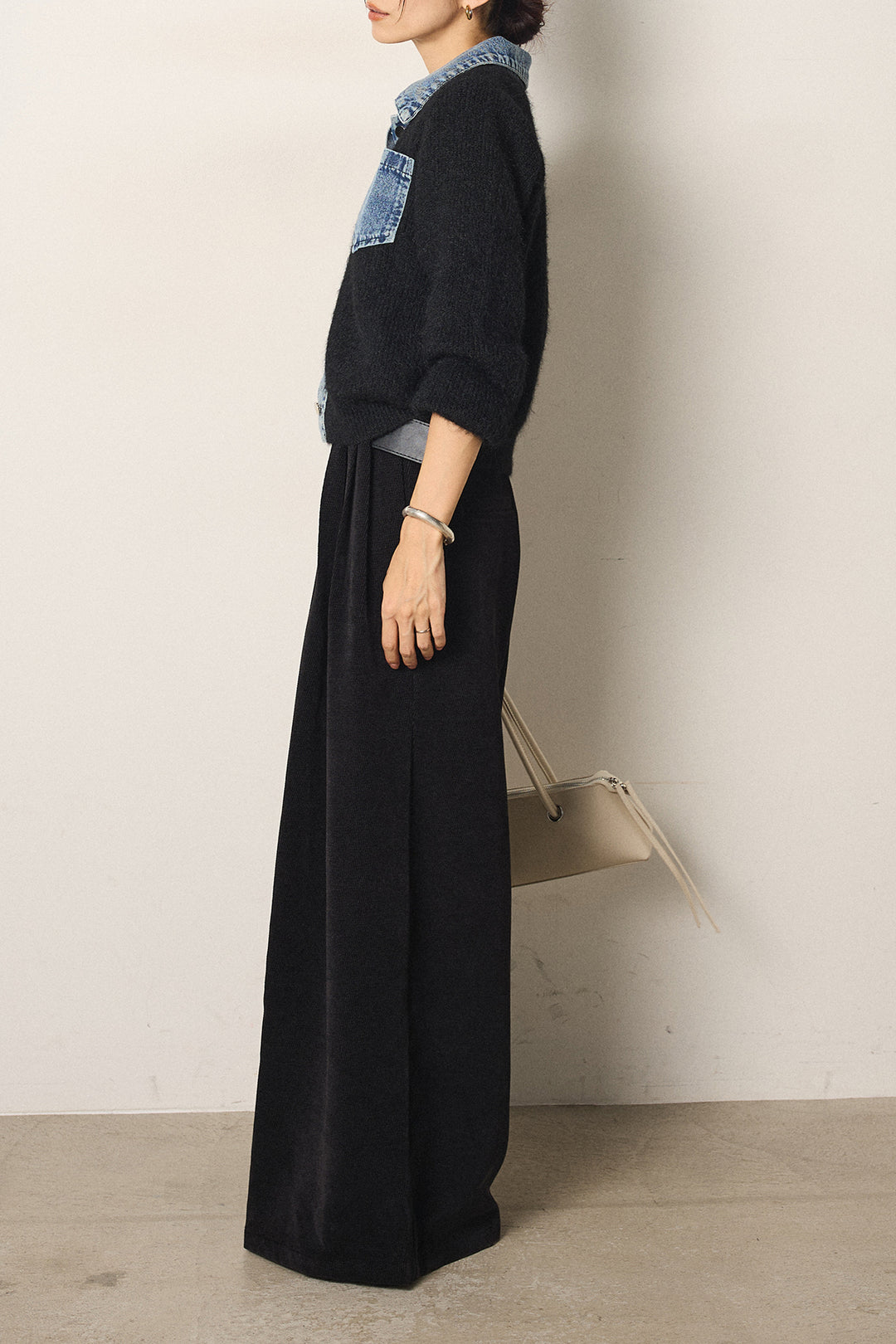 [SET]襟付きデニム切替ニットカーディガン+ベルトループコーデュロイワイドパンツ(2set)