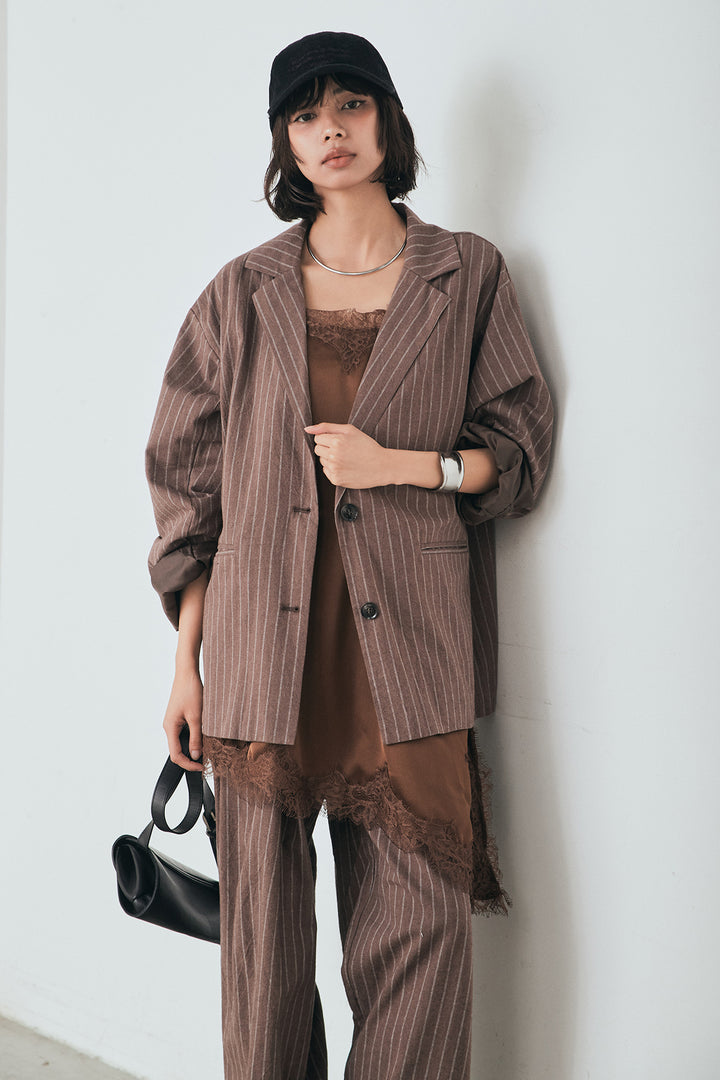 [SET]リネンライクストライプテーラードジャケット+リネンライクストライプタックイージーパンツ(2set)