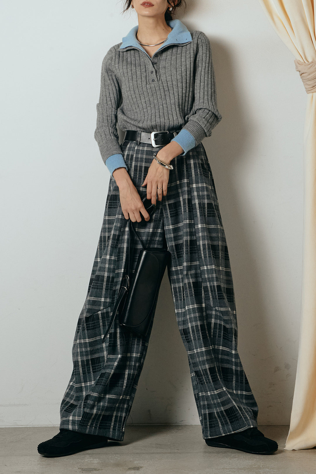 [SET]レイヤード風リブニットトップス+ベルト付きタータンチェックカーブワイドパンツ(2set)
