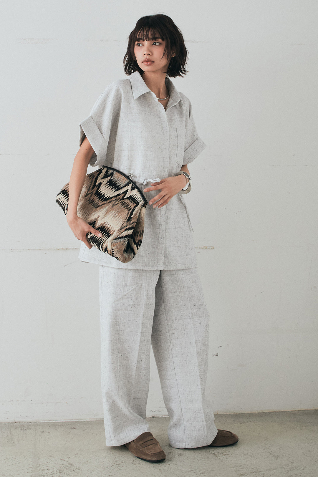 [SET]ツイードウエストドロストシャツ+ツイードタックパンツ(2set)