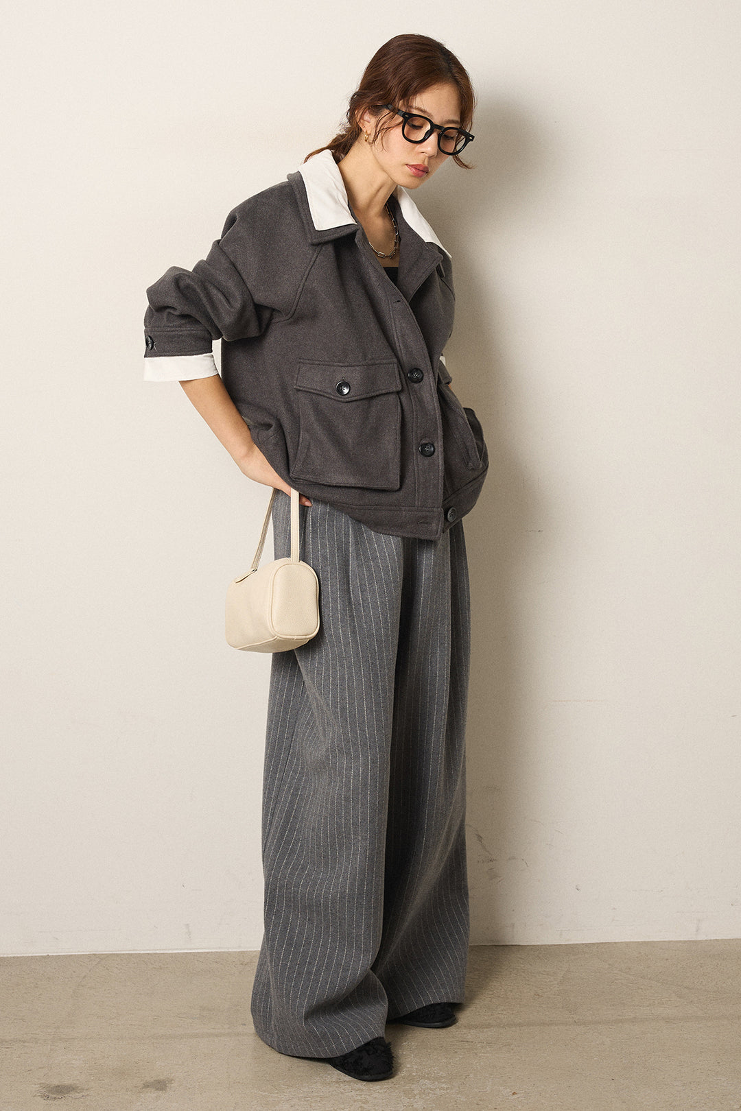 [SET]衿レイヤードフェイクウールジャケット+ウールライクストライプパンツ(2set)