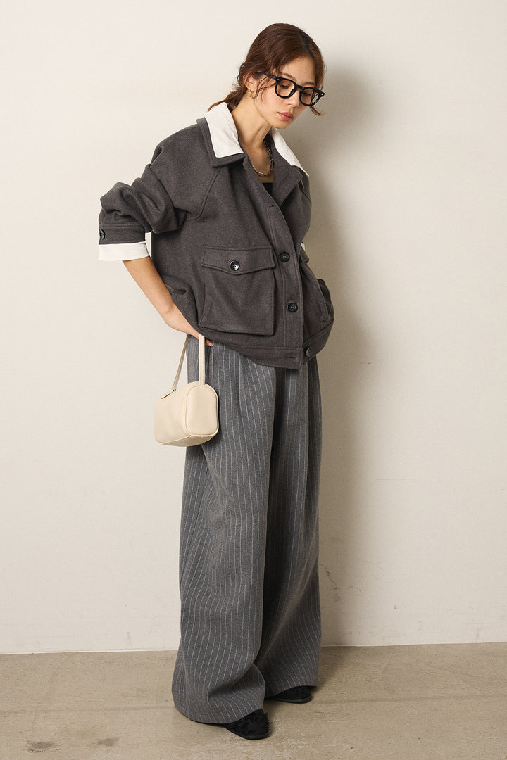 [SET]衿レイヤードフェイクウールジャケット+ウールライクストライプパンツ(2set)