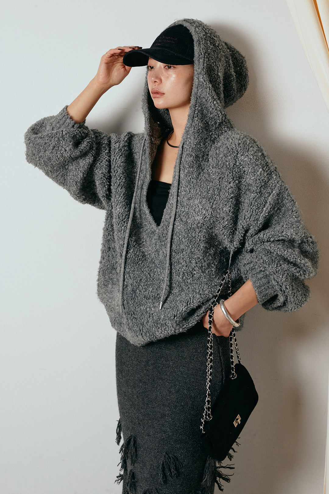 [SET]ブークレキーネックプルオーバー+ポイントフリンジニットナロースカート(2set)