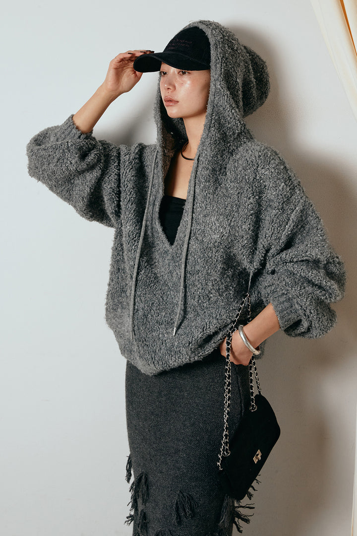 [SET]ブークレキーネックプルオーバー+ポイントフリンジニットナロースカート(2set)