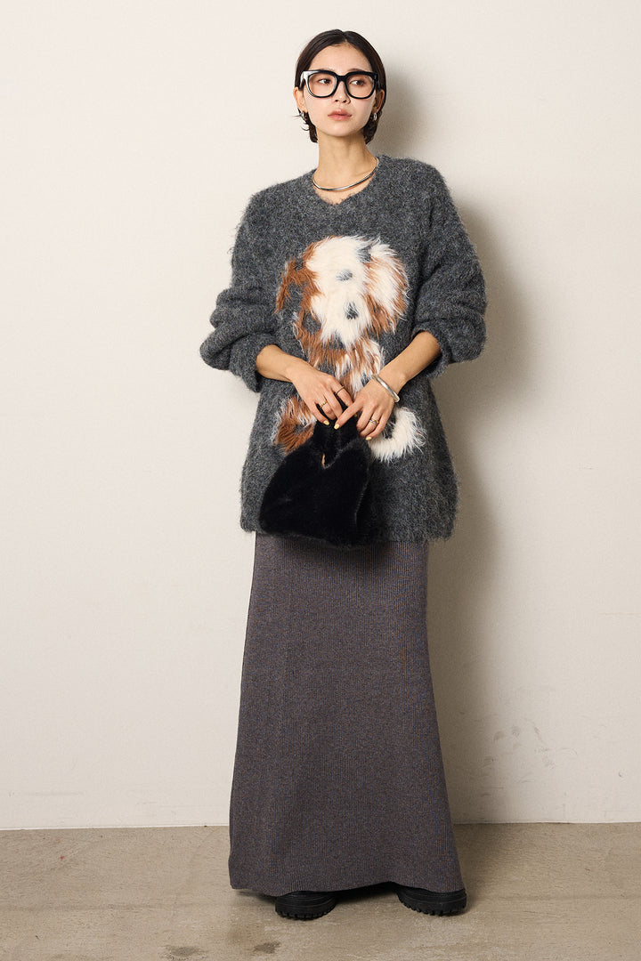 [SET]シャギーニュアンスアニマルニット+リブナローニットスカート(2set)