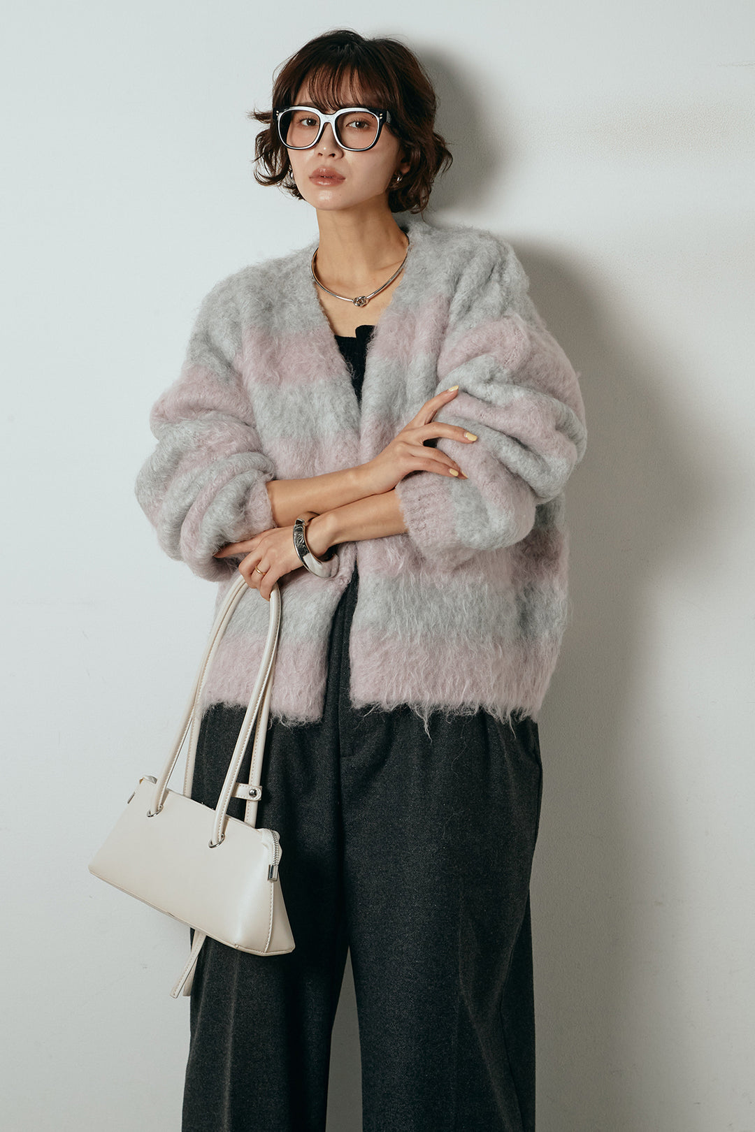 [SET]シャギーボーダー柄ニットカーディガン+ウール混フランネルワイドサロペット(2set)