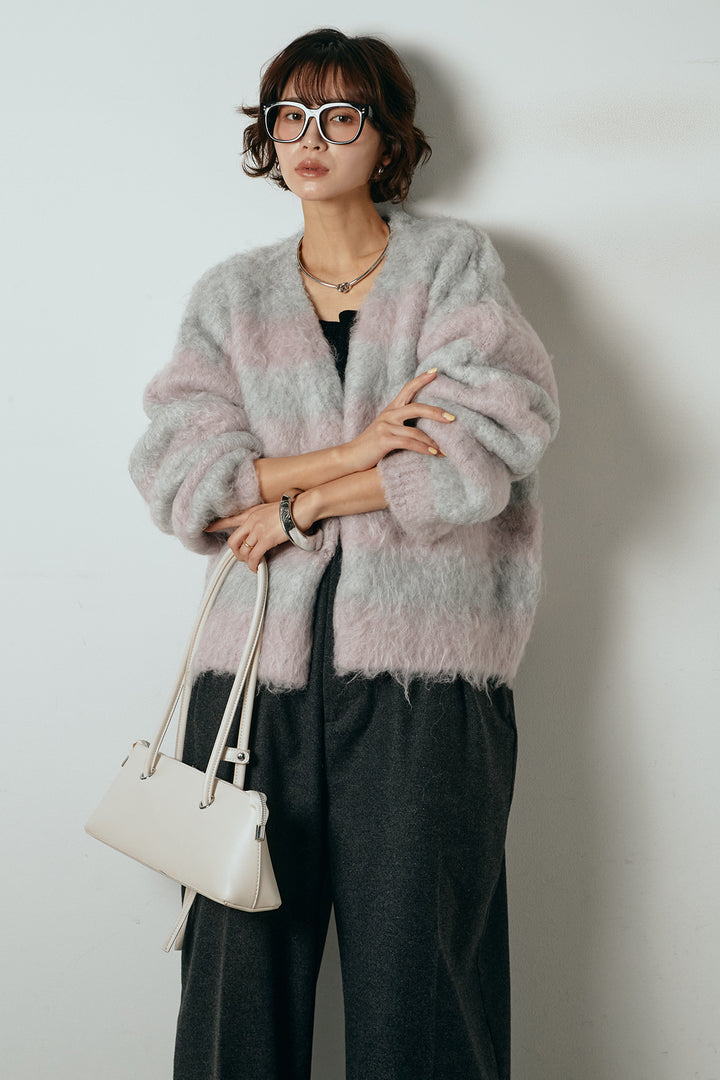 [SET]シャギーボーダー柄ニットカーディガン+ウール混フランネルワイドサロペット(2set)