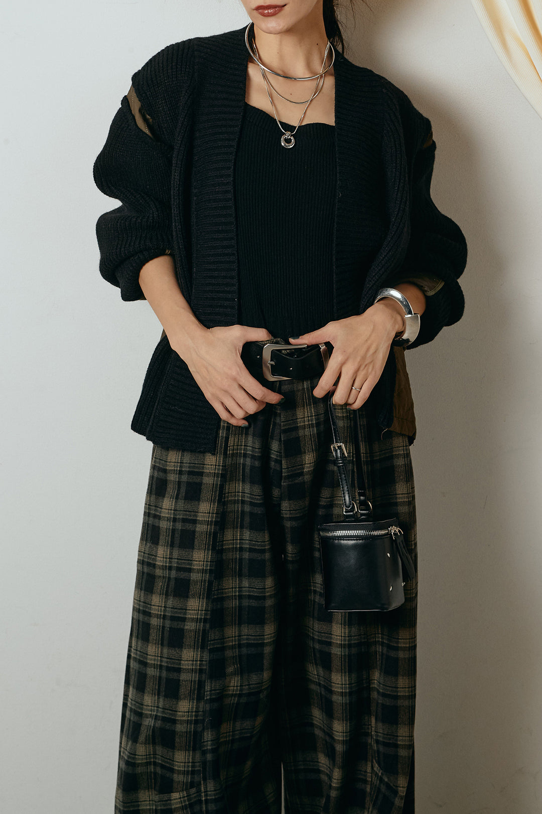 [SET]キルティング切り替えニットカーディガン+ベルト付きタータンチェックカーブワイドパンツ(2set)