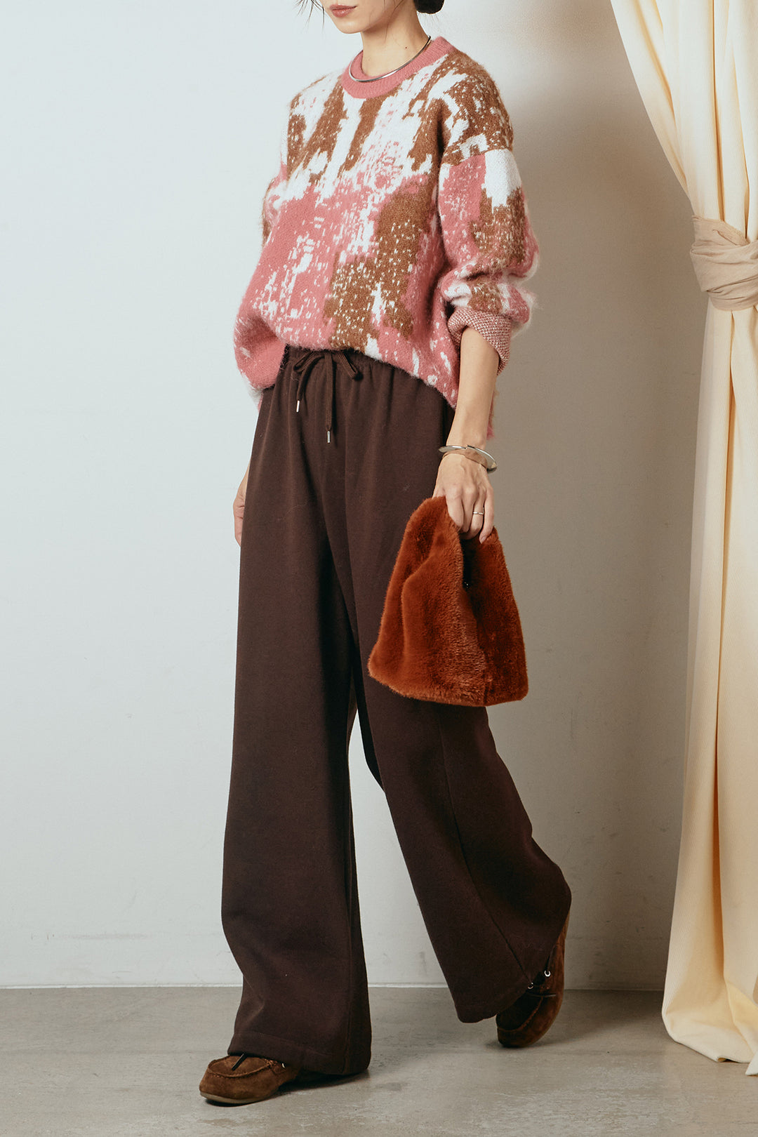 [SET]起毛ニュアンス柄ニットプルオーバー+裏起毛スウェットワイドパンツ(2set)