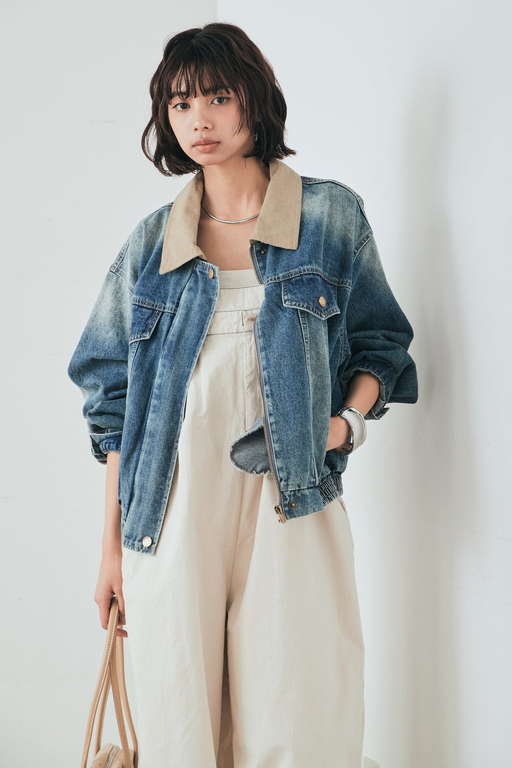 [SET]襟切り替えジップデニムジャケット+綿ツイルアシメサロペット(2set)