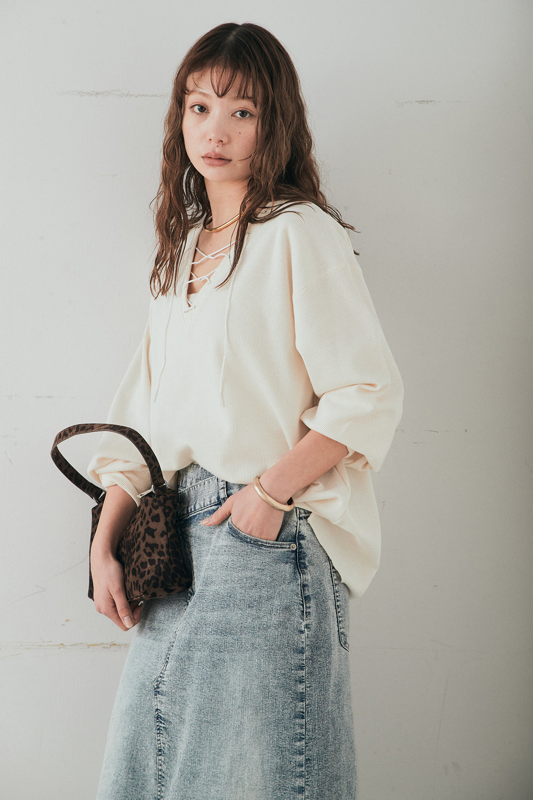 [SET]レースアップワッフルボーダートップス+ウエストクロスデニムタイトスカート(2set)