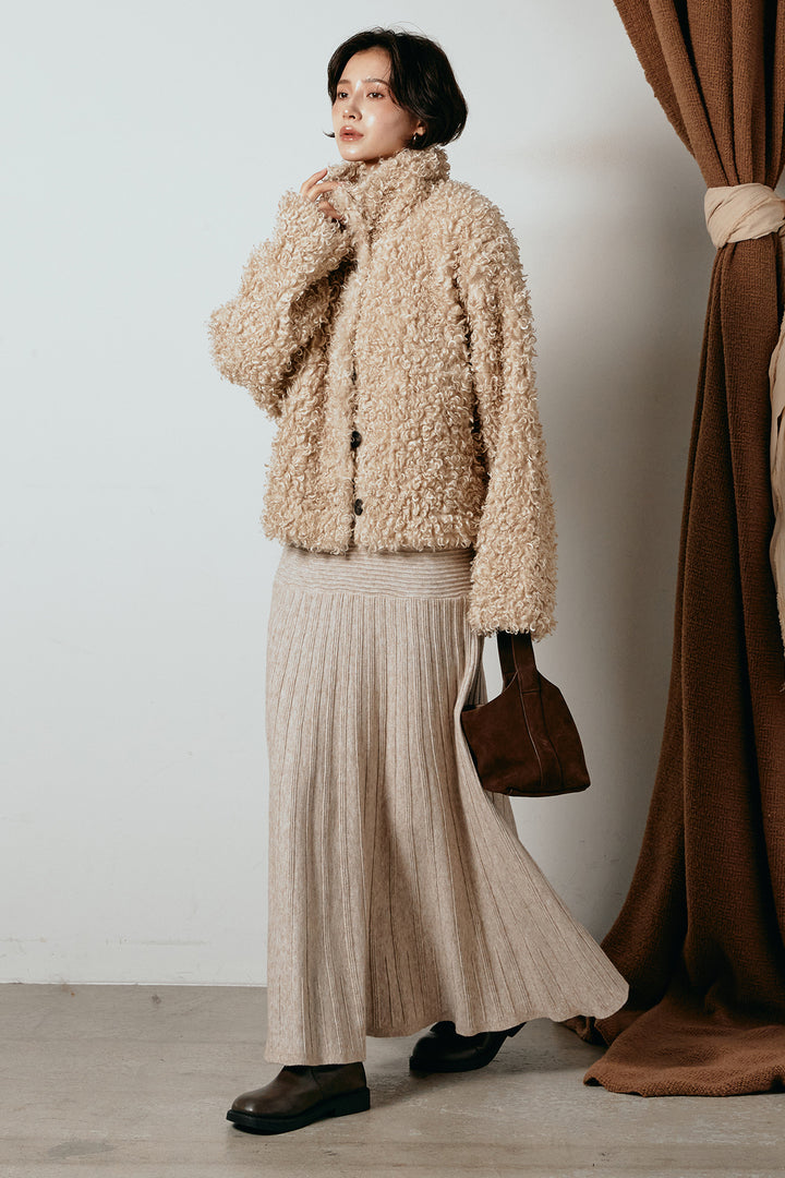 [SET]プードルファーミドルジャケット+編み地切り替えフレアニットスカート(2set)