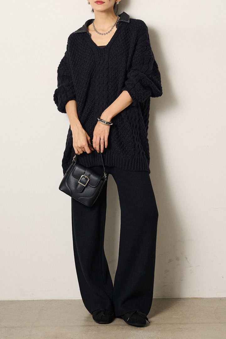 [SET]デニムカラーケーブルオーバーニット+ワイドリブニットイージーパンツ(2set)