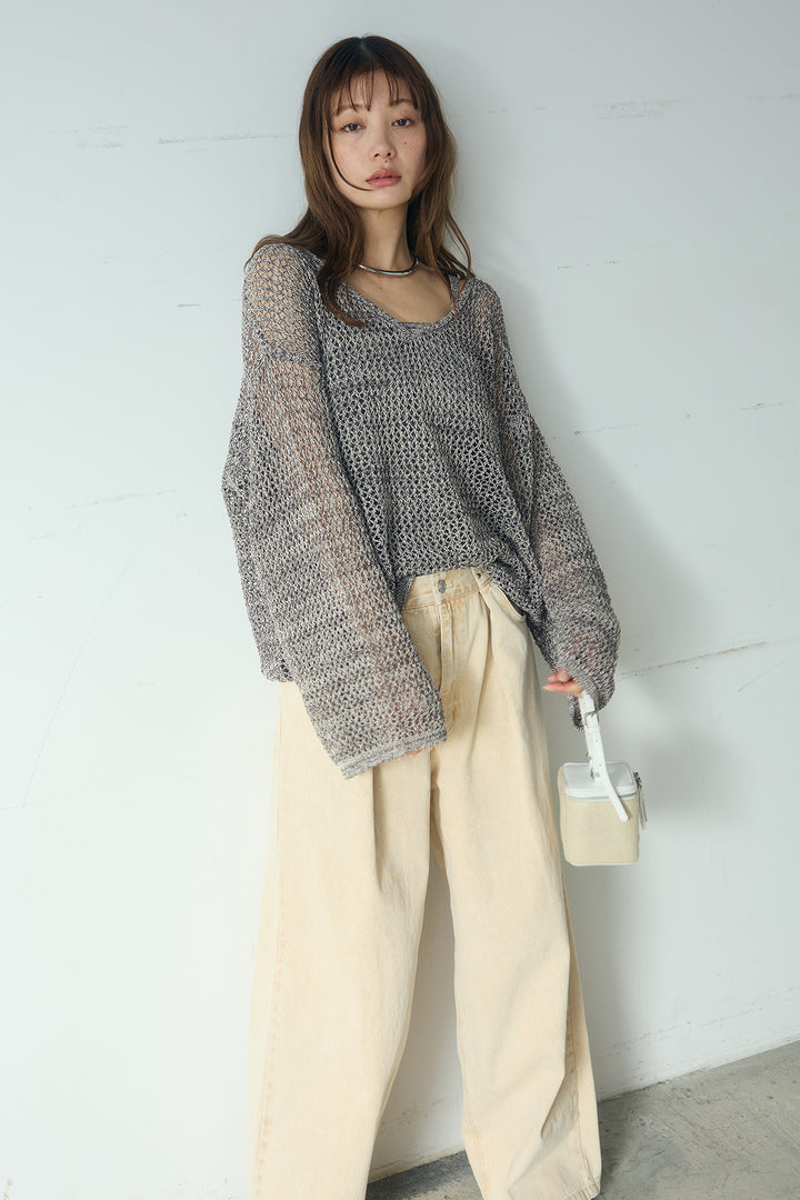 [SET]メッシュ編みビスチェセットVネックプルオーバー+カラーデニムタックカーブパンツ(2set)